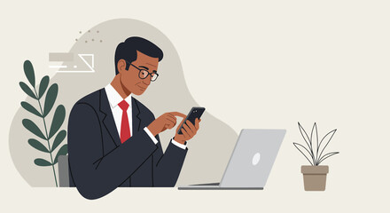 a man in a suit sitting at a desk using a cell