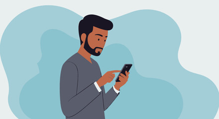 Naklejka premium a man with a beard, dressed in a gray shirt, standing against a blue backdrop and focusing on his smartphone. Suitable for landing page, banner, marketing, web design, presentation, infographic, etc.