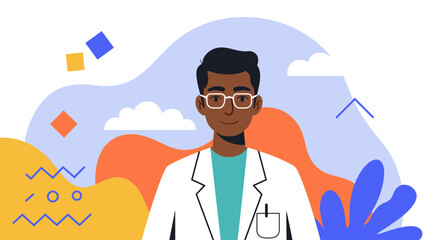 A friendly male scientist or doctor in a white lab coat and glasses is depicted in a modern, colorful abstract illustration.