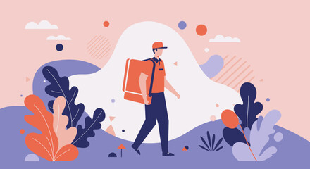 A delivery person in an orange shirt and cap walks through a stylized landscape carrying a large order, delivering packages and providing fast service to customers.