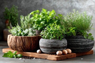 Aromatic herbs in rustic pots