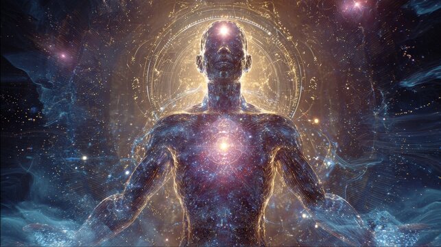 A cosmic human figure radiates energy and light, symbolizing spirituality and universal connection against a celestial background.