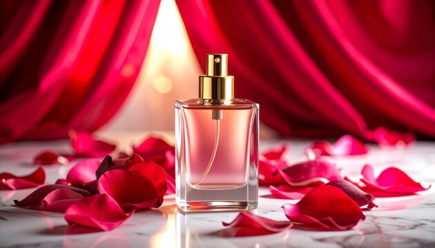 Frasco de perfume sobre p&eacute;talos de rosas rojas y cortinas carmes&iacute;, en un ambiente rom&aacute;ntico 