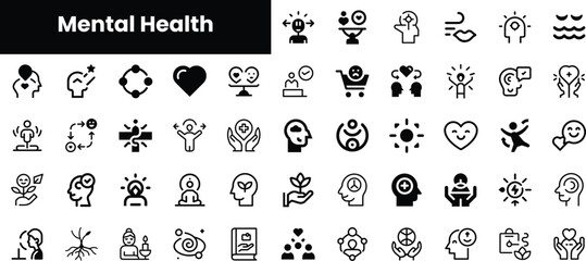 A diverse collection of black and white icons related to mental health, showcasing symbols of support, wellness, and emotional well-being.
