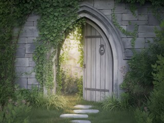 Fototapeta premium Mystical garden entrance with stone pathway and foliage overgrown walls