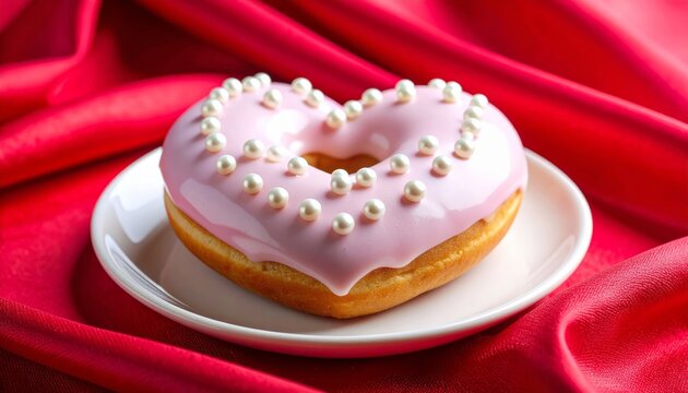 Dona rosa con forma de coraz&oacute;n decorada con perlas blancas sobre plato blanco con fondo brillante para ilustrar postres tem&aacute;ticos y fechas especiales