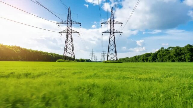 Electricity pylons stretching across a vibrant green field under a bright blue sky, conveying power, energy, and infrastructure.