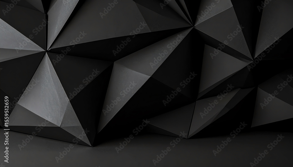 Poster textured black geometric shapes create a modern, abstract design, emphasizing sharp angles and shado