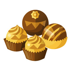 Chocolate truffle collection in gold foil with white background.