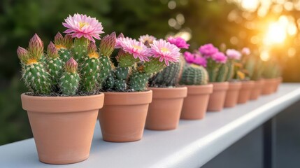 Cacti in Terracotta Pots with Pink Blossoms Illuminated by Bright Sunlight on White Surface