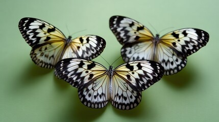 Fototapeta premium Three black and white butterflies with delicate patterns rest on a light green background, showcasing their intricate wing designs.