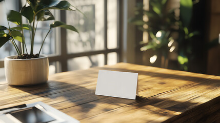 3D business card mockup floating above wooden office desk, natural daylight coming from side window, realistic shadows and warm ambient setting.