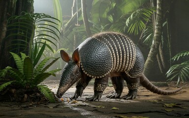 Obraz premium Armadillo foraging for food in a lush, misty rainforest environment