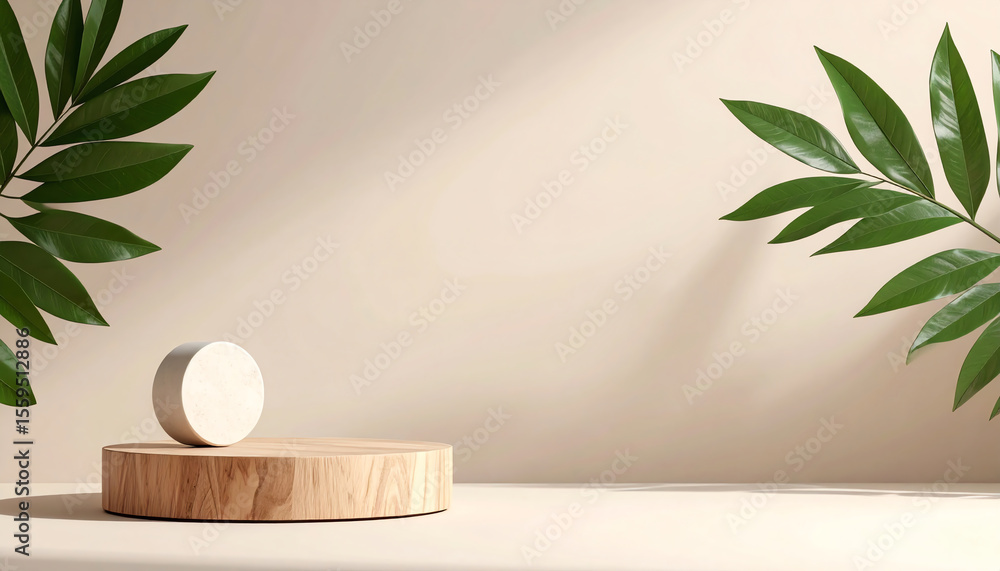 Poster minimalist display featuring a wooden platform and circular object, surrounded by lush green leaves 