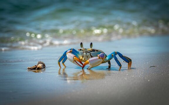 Blue crab with orange claws stands on wet sand near ocean waves