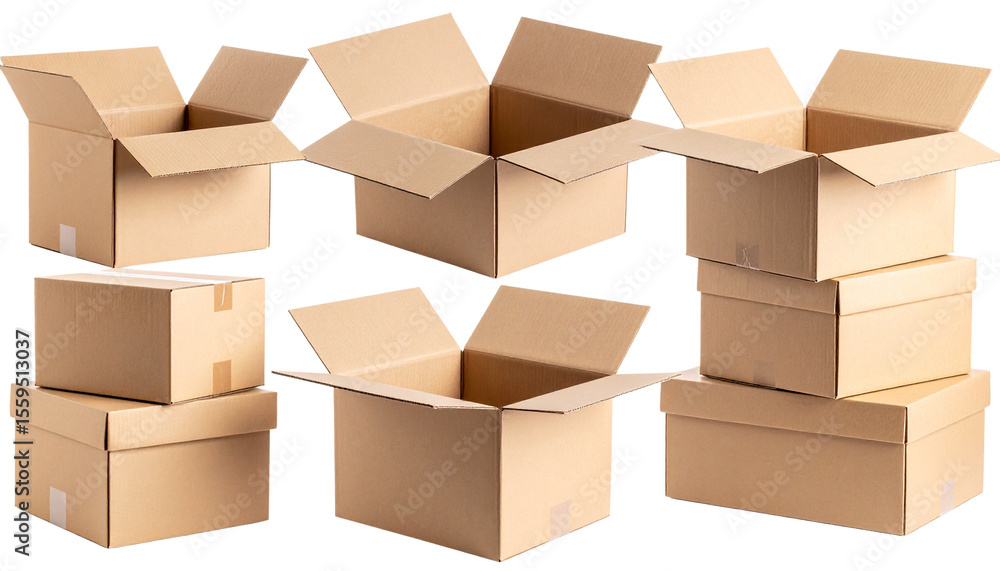 Poster a stacked cardboard boxes: an array of rectangular cardboard boxes, some open and some closed, metic