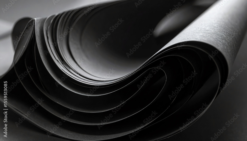 Poster curved layers of smooth black material create an elegant, abstract composition with a focus on textu