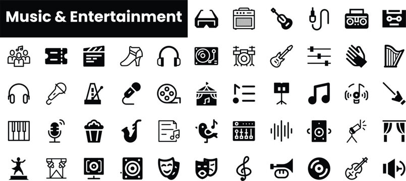 An array of black and white icons representing various elements of music and entertainment, including instruments, audio devices, and performance symbols.