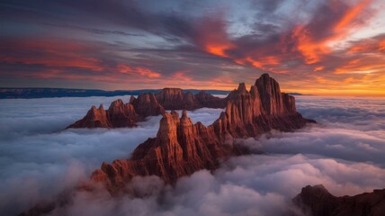 Fototapeta premium Majestic rock formations rising above a sea of clouds at sunset