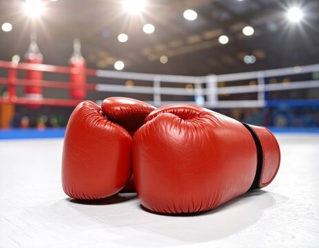 Guantes de boxeo rojos sobre lona azul con cuerdas de ring desenfocadas al fondo mostrando energ&iacute;a, movimiento y preparaci&oacute;n para el combate