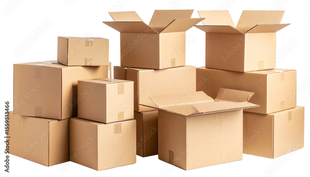 Aufkleber stacked cardboard boxes: an array of rectangular cardboard boxes, some open and some closed, meticul