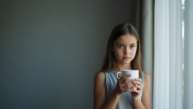 A Pensive Teenage Girl by the Window, Contemplating Life Over a Warm Drink - Powered by Adobe