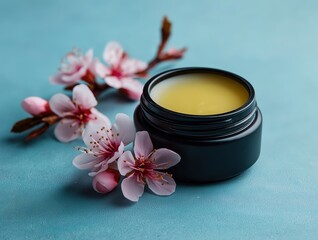 Organic Cosmetic Cream in Matte Black Jar with Fresh Pink Blossoms on Soft Blue Background, Natural Skincare Product Composition for Beauty Branding