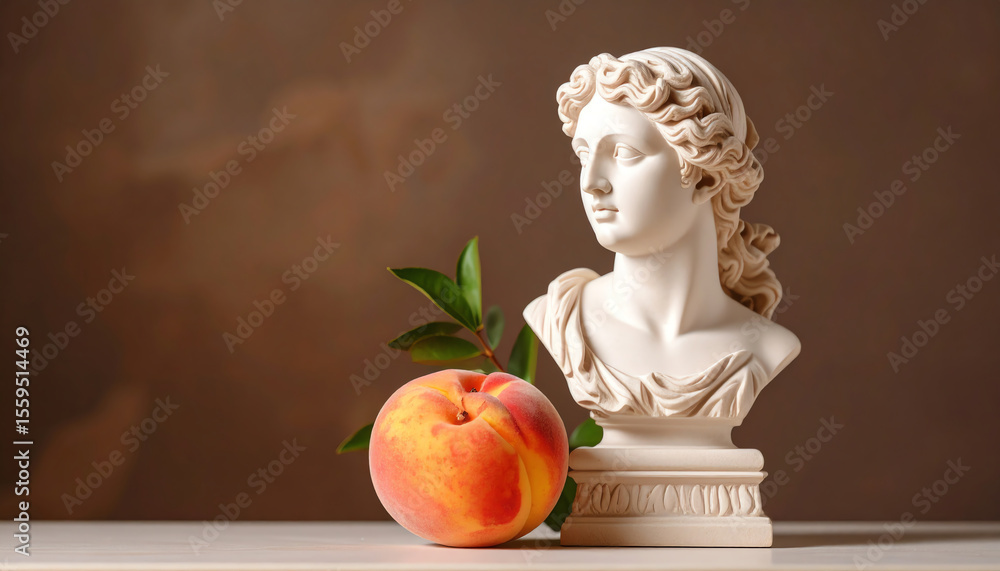 Poster a classical bust alongside a ripe peach and green leaves, creating a harmonious blend of art and nat