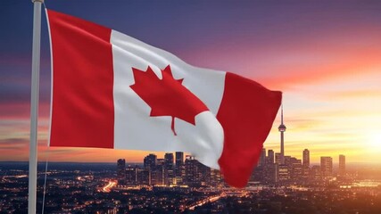 Canadian Flag Waving in the Wind Against Cityscape at Sunset, Patriotism and Pride