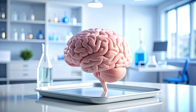 Cerebro artificial rosa flotando en ambiente cl&iacute;nico blanco con fondo borroso que sugiere tecnolog&iacute;a m&eacute;dica, estudios neurol&oacute;gicos
