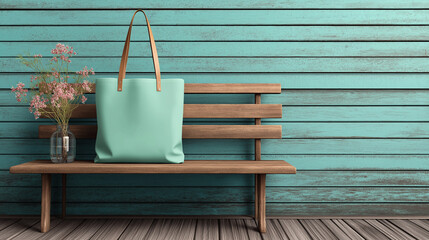 Stylish reusable tote bag on a wooden bench, embodying minimalist and sustainable living.
