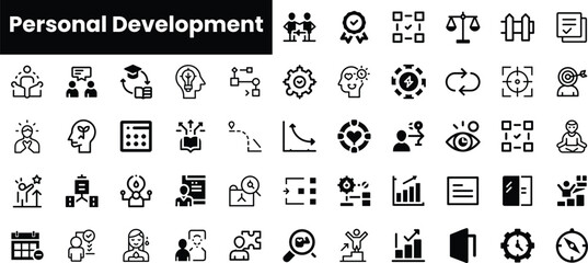 A diverse array of icons representing personal development themes, including teamwork, goal setting, and self-improvement symbols, perfect for motivational content.