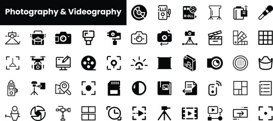 A collection of photography and videography icons featuring cameras, lighting equipment, and editing tools, all in a sleek monochrome design.