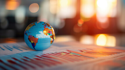 Small colorful globe placed on financial charts representing global economy