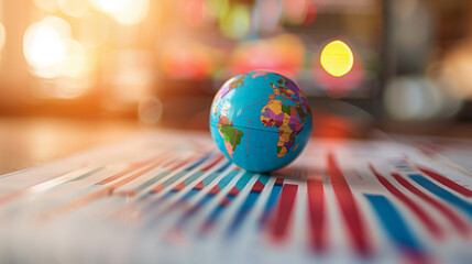Small colorful globe placed on financial charts representing global economy