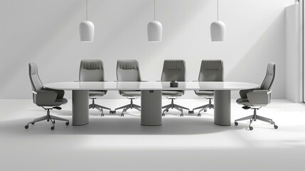 Minimalist white conference room with oval table and modern office chairs