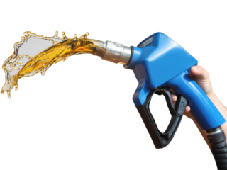 fuel nozzle with fuel splash, on white background.