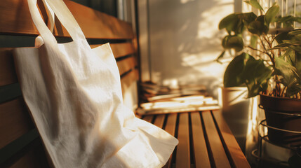 Stylish reusable tote bag on a wooden bench, embodying minimalist and sustainable living.
