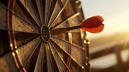 Bullseye target hit perfectly by dart during golden hour
