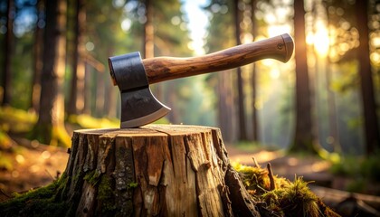 Hacha en árbol cortado con luz cálida en bosque otoñal, simbolismo de fuerza y trabajo rural