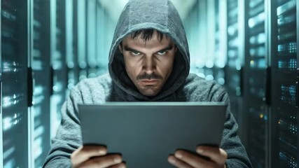 Man hoodie tablet server room technology cyber security focused digital data center computer intense focus glowing lights mysterious tense atmosphere hacker activity - Powered by Adobe