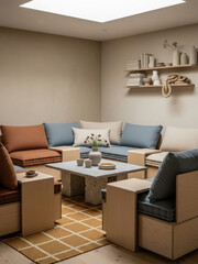 Modern minimalist living room with neutral tones, cozy sectional sofa, stone coffee table, and tasteful decor, bright natural light, stylish and inviting