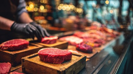 Artisanal Butcher Display: A skilled butcher prepares premium cuts of red meat on wooden blocks. Each piece, a testament to quality and craftsmanship.