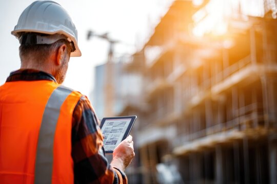 Construction Site Supervisor: A construction supervisor, adorned in a safety vest and helmet, meticulously inspects a building site, using a tablet to monitor progress under a bright sun.