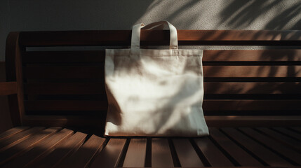 Stylish reusable tote bag on a wooden bench, embodying minimalist and sustainable living.