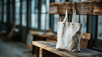 Stylish reusable tote bag on a wooden bench, embodying minimalist and sustainable living.