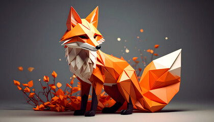A stylized, geometric fox stands amidst abstract orange foliage, showcasing a blend of modern art and nature in a vibrant, playful design