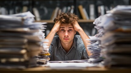 Overwhelmed by Documentation: Capturing the feeling of stress, a young man finds himself buried under an avalanche of documents and paperwork in a moment of silent despair. 