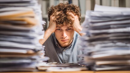 Overwhelmed: A stressed individual buried in a mountain of paperwork.