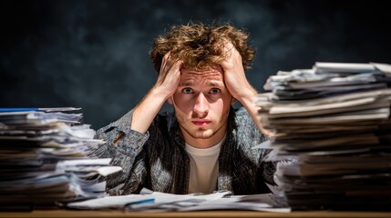 Overwhelmed: Capturing a moment of workplace stress, a person buried beneath an avalanche of paperwork grapples with the pressures of deadlines and demanding tasks.